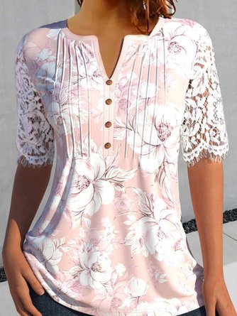 Floral Jersey Lace Short Sleeve Casual Tunic Blouse