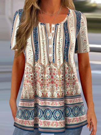 Casual Notched Ethnic Printed Loose Blouses