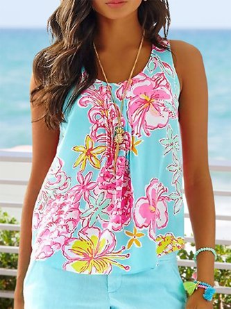 Floral Sleeveless Crew Neck Vacation Tank Top