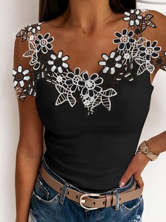 Hollow Out V Neck Casual Patchwork lace Blouses