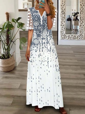 Loose Ethnic Printed Patchwork Lace Casual Dress