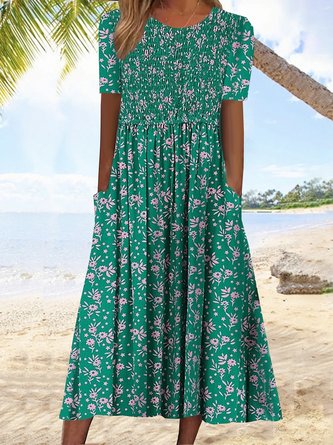 Green Floral Crew Neck Casual Loose Dress
