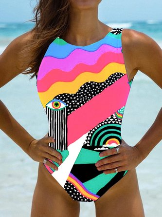Casual Abstract Printing Crew Neck One-Piece Swimsuit