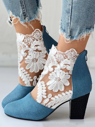 Romantic Lace Paneled Denim Chunky Heel Sandals Boots with Back Zip