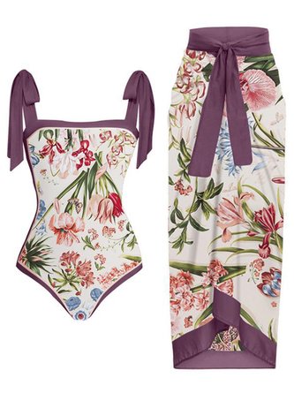 Vacation Printing Floral One Piece With Cover Up