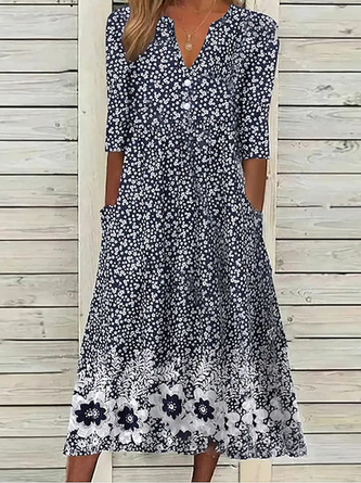 Plus Size Vacation Loose Disty Floral Half Open Collar Dress
