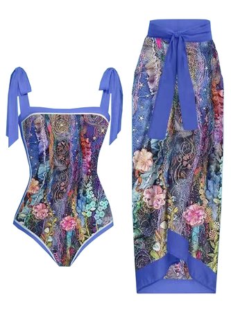 Vacation Floral Printing One Piece With Cover Up Monokini