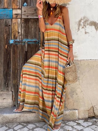 V Neck Colorful Stripe Resort Long Dress