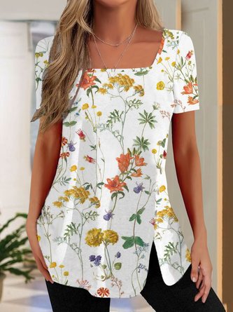 Jersey Square Neck Casual Floral Printed Tunic Blouses