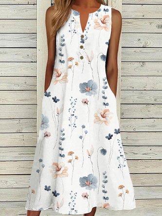 Women Buckle Floral Printed V Neck Sleeveless Loose Casual Midi Dress
