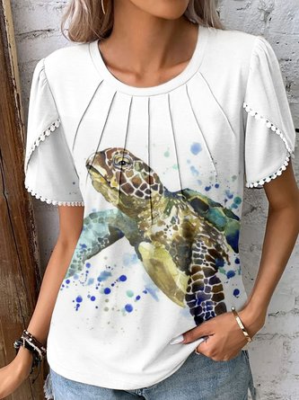 Sea Turtle Printed Casual Patchwork lace Jersey Blouses