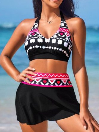 Casual Ethnic Printing V Neck Bikini With Cover Up