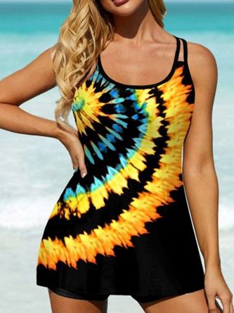 Vacation Abstract Printing Scoop Neck Swim Dress
