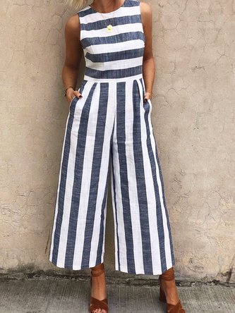 Casual Daily Sleeveless Striped Wide Leg Jumpsuit
