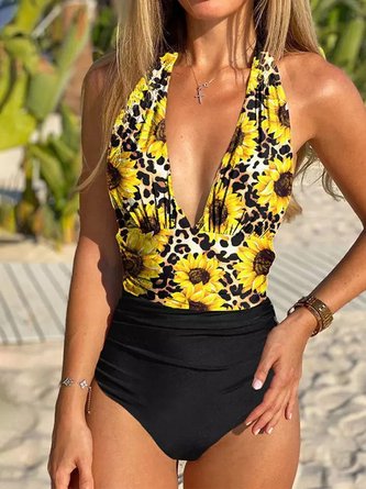Floral Printing V Neck Vacation One-Piece