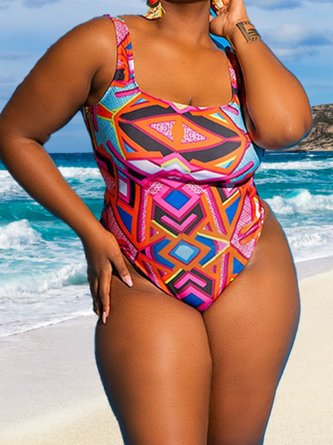 Vacation Abstract Printing Scoop Neck One-Piece Swimsuit
