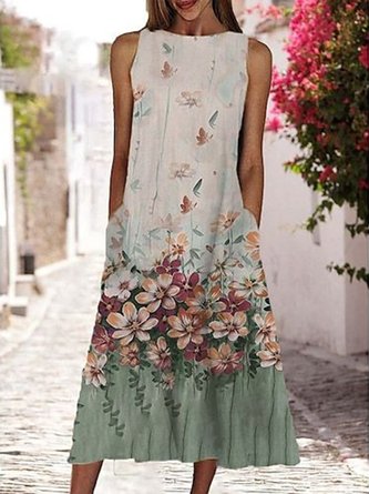 Casual Floral Crew Neck Sleeveless Loose A-Line Dress