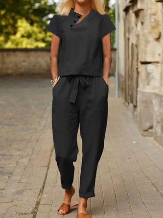 Plain Short Sleeve Top And Paperbag Straight Pant Two Piece Set
