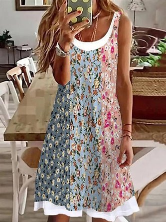 Crew Neck Casual Loose Sleeveless Floral Dress