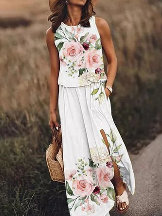 Crew Neck Casual Floral Printed Dress