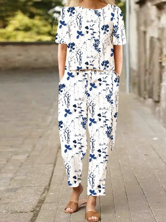 Crew Neck Casual Loose Floral Two-Piece Set