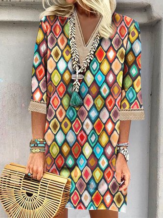 Geometric Hollow Out Lace V Neck Vacation Tunic Dress