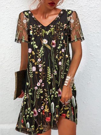 Floral Embroidery Mesh Casual V Neck Dress