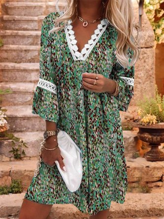 Disty Floral Hollow Out Lace V Neck Vacation Tunic Dress
