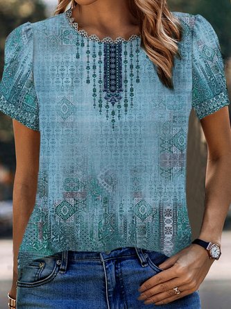 Lace Casual Ethnic Crew Neck Shirt