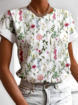 Floral Casual Jersey Crew Neck T-Shirt