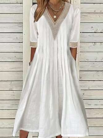 Lace Cotton And Linen Casual Plain Dress