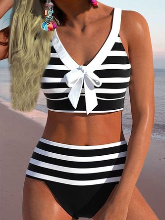 Striped V Neck Printing Casual Bikini