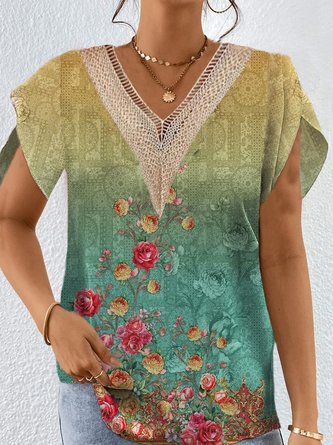 Lace Casual Floral V Neck Shirt