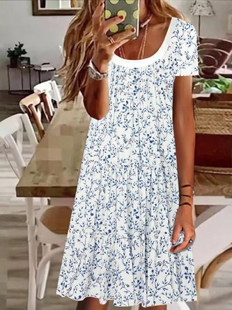 Floral Printed Crew Neck Jersey Casual Dress