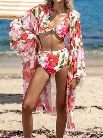 Floral Vacation V Neck Bikini With Cover Up