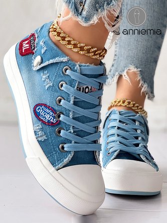 Letter Pattern Ripped Lace-up Denim Shoes