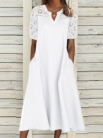 Cotton Plain Casual V Neck Dress