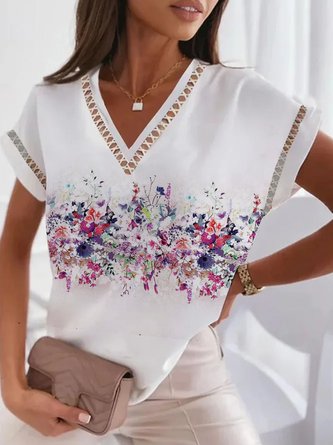 V Neck Patchwork lace Casual Floral Printed Blouses