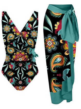 Vacation Ethnic Printing V Neck One Piece With Cover Up