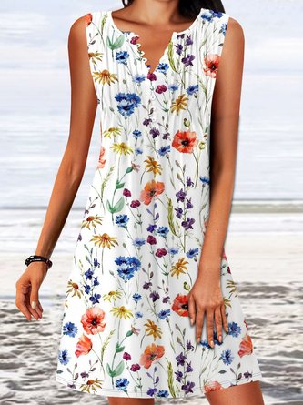 Casual Floral Printed Notched Sleeveless Dress