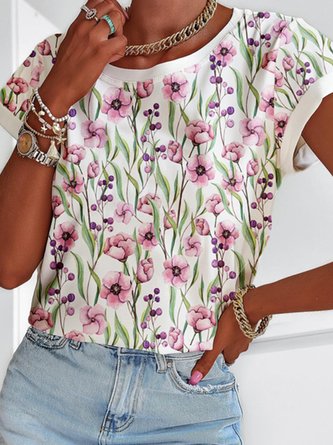 Crew Neck Casual Floral Jersey T-Shirt