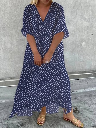 Plus Size Casual Polka Dots Short Sleeve V Neck Printed Dress
