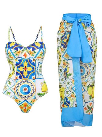 Vacation Abstract Notched One Piece With Cover Up