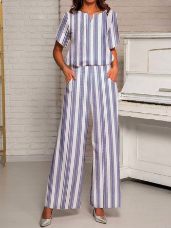Striped Short Sleeve Notched Casual Top With Pockets Pants Two-Piece Set