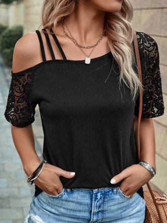Cold Shoulder Lace Casual Hollow Out Shirt