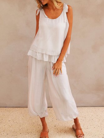 Plain Sleeveless Lace-up Top With Pants Casual Two-Piece Set