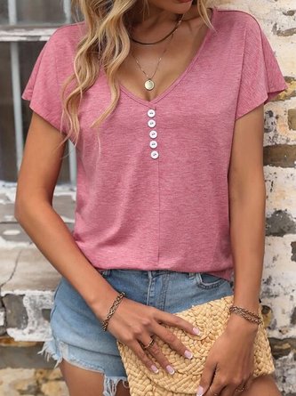 V Neck Buttoned Loose Casual Shirt