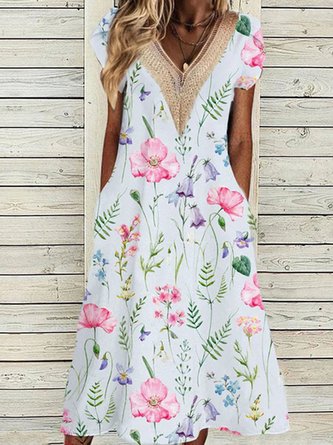 Casual V Neck Lace Floral Printed Dress