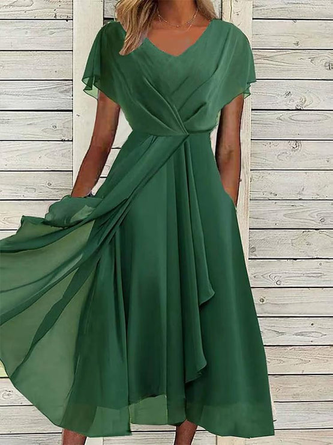 V Neck Elegant Chiffon Plain Dress