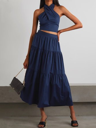Casual Plain Sleeveless Halter Top With Skirt Two-Piece Set